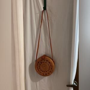 Round rattan straw handmade crossbody Bali purse 8 inch boho hippie